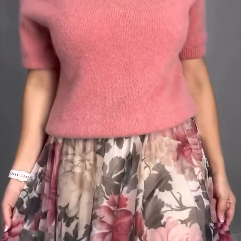 Nirosha - Elegant Floral Knit Top And Midi Skirt