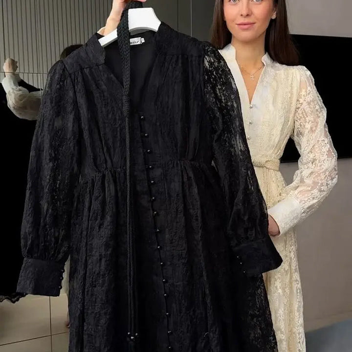 Roslyn - Embroidery Maxi Dress With Long Balloon Sleeves
