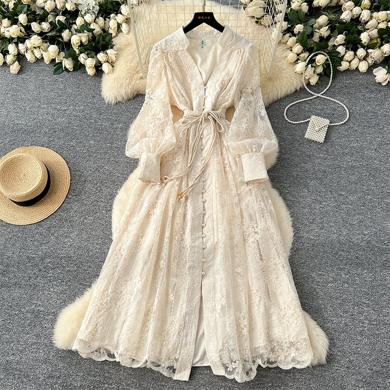 Roslyn - Embroidery Maxi Dress With Long Balloon Sleeves