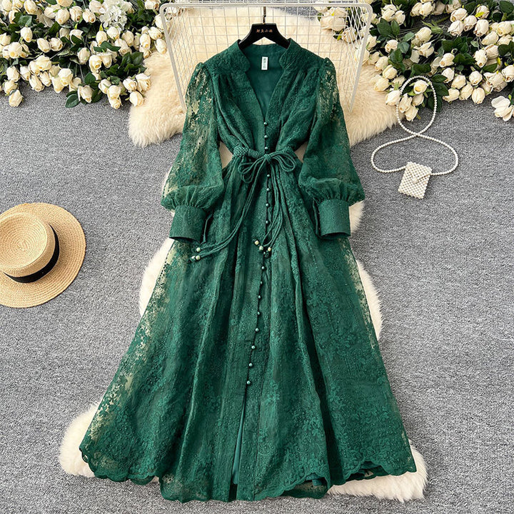 Roslyn - Embroidery Maxi Dress With Long Balloon Sleeves