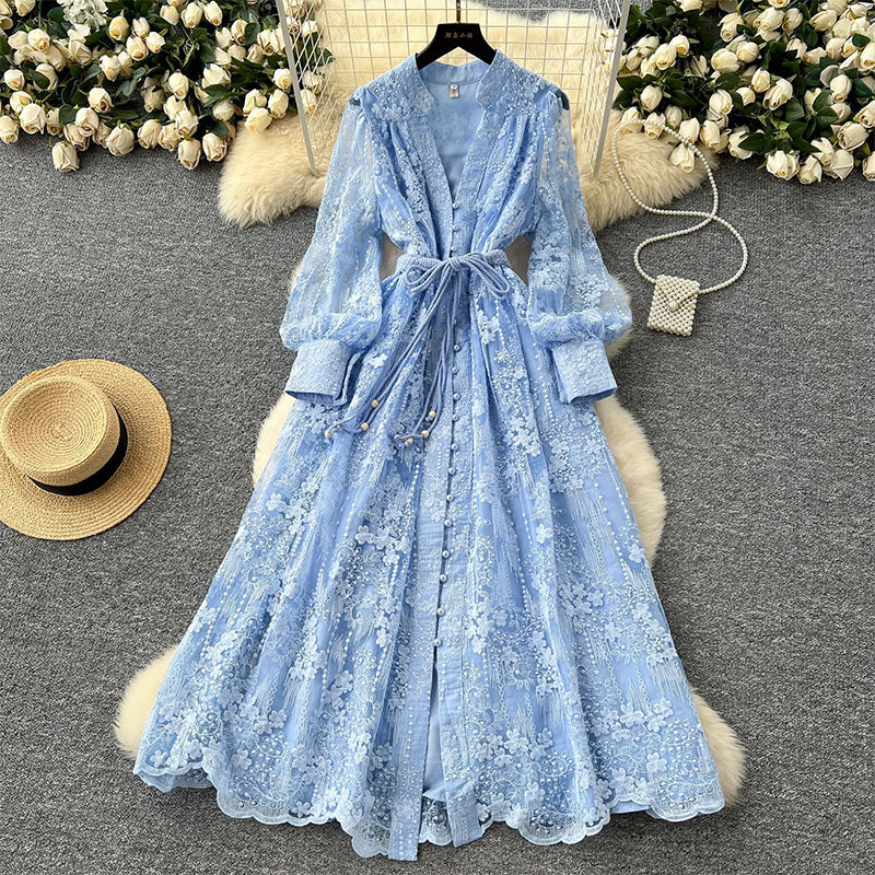 Roslyn - Embroidery Maxi Dress With Long Balloon Sleeves