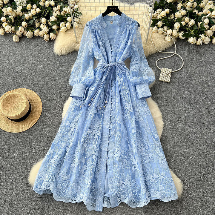 Roslyn - Embroidery Maxi Dress With Long Balloon Sleeves