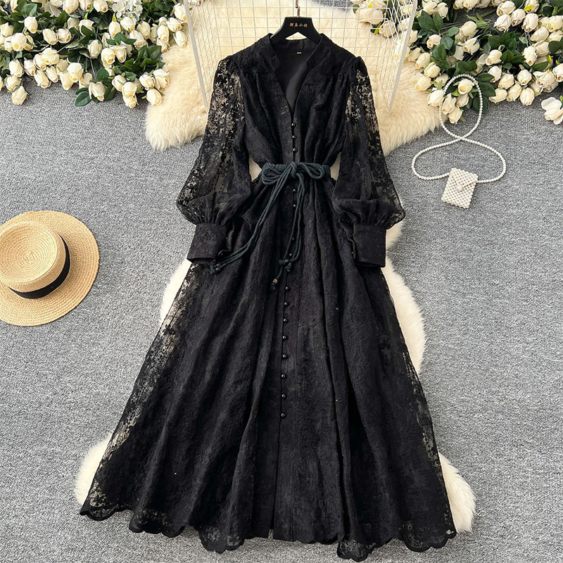 Roslyn - Embroidery Maxi Dress With Long Balloon Sleeves