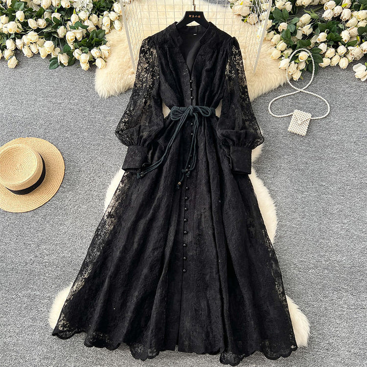 Roslyn - Embroidery Maxi Dress With Long Balloon Sleeves