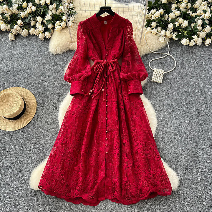 Roslyn - Embroidery Maxi Dress With Long Balloon Sleeves