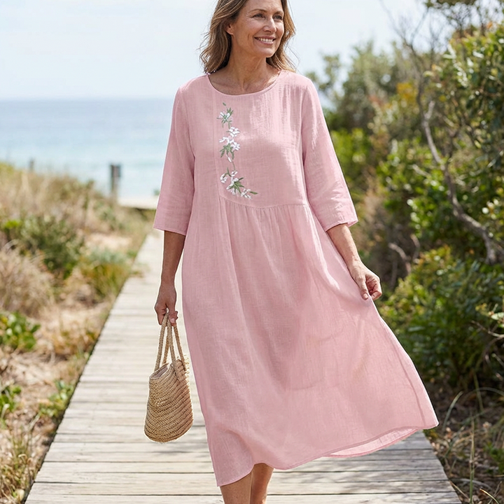 Molaka - Comfortable Embroidered Linen Midi Dress