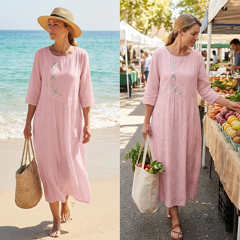 Molaka - Comfortable Embroidered Linen Midi Dress