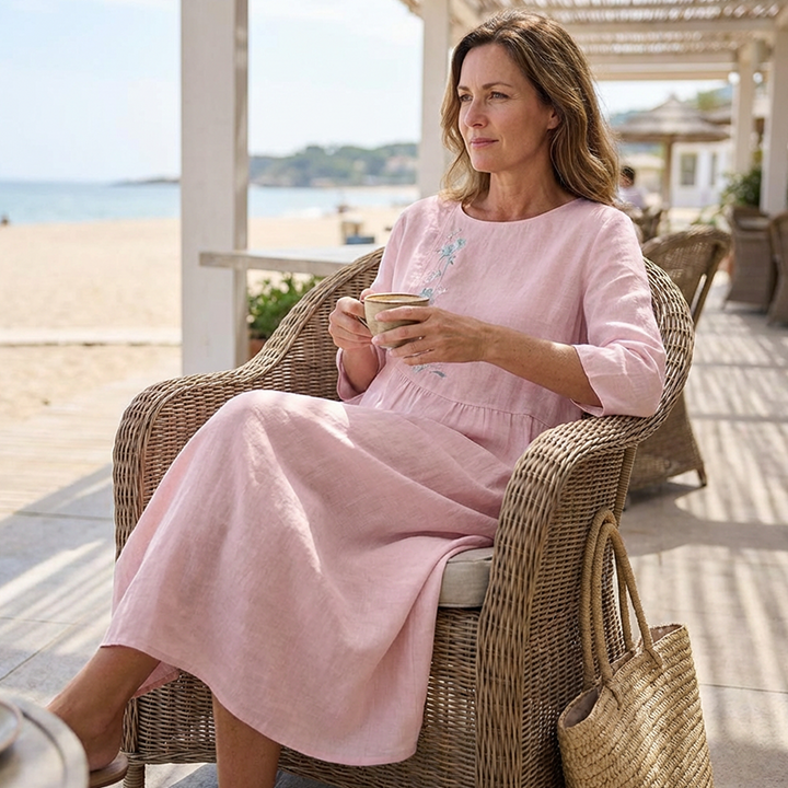 Molaka - Comfortable Embroidered Linen Midi Dress
