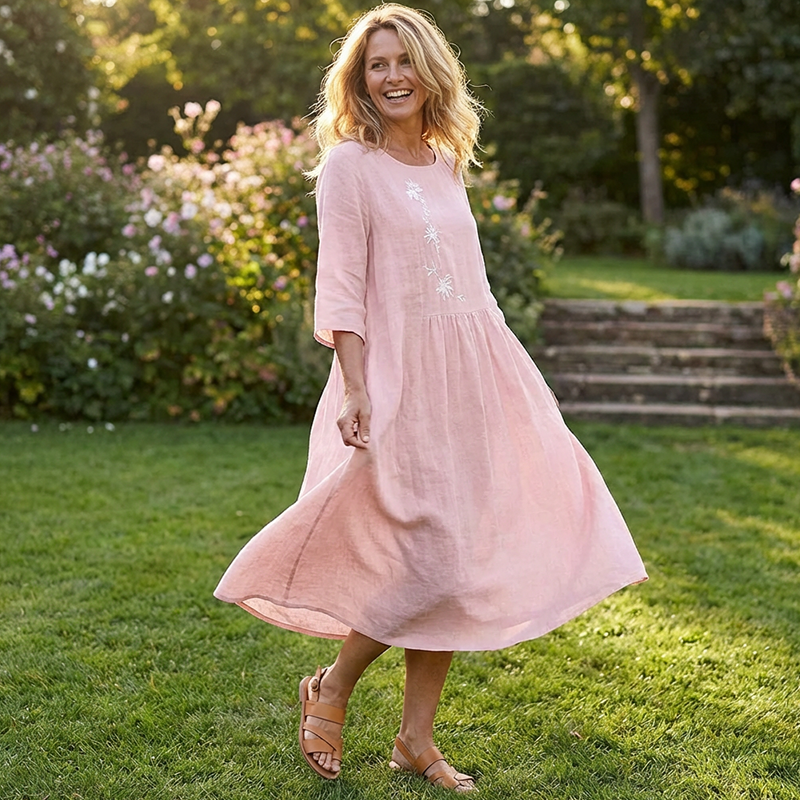 Molaka - Comfortable Embroidered Linen Midi Dress