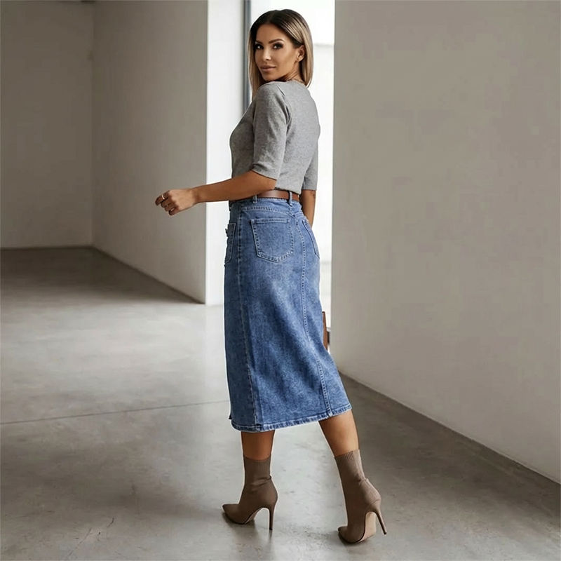 Ralisia - High Waisted Denim Skirt With Button