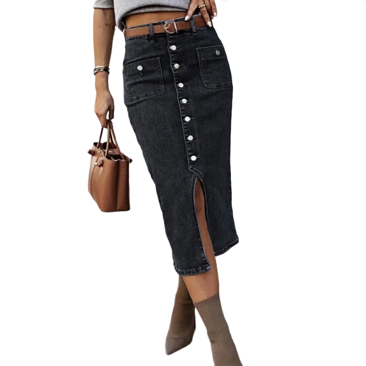 Ralisia - High Waisted Denim Skirt With Button