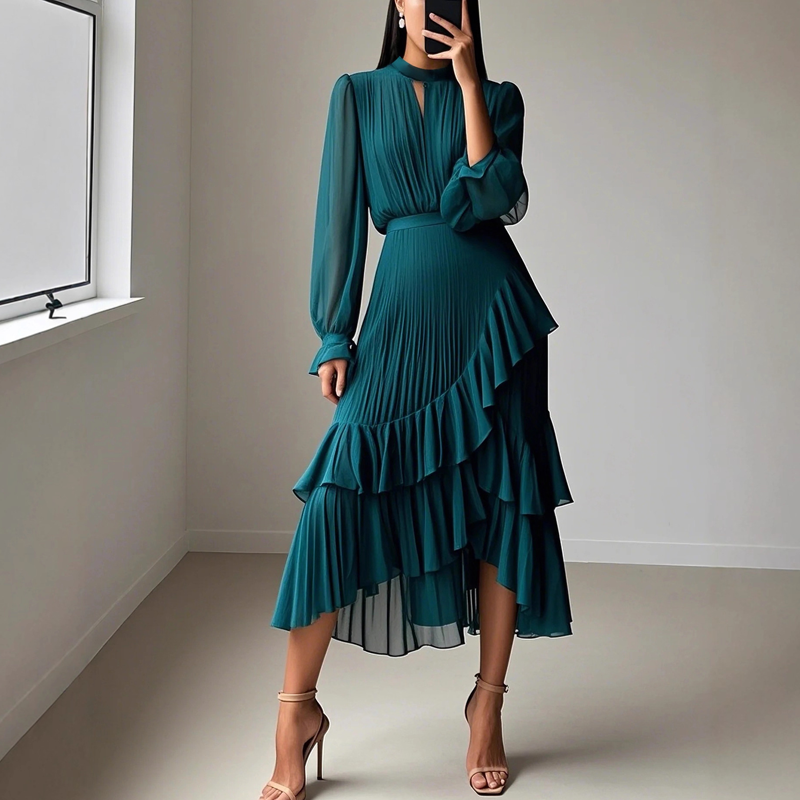 Daryna - Pleated Midi Dress With Keyhole Neckline