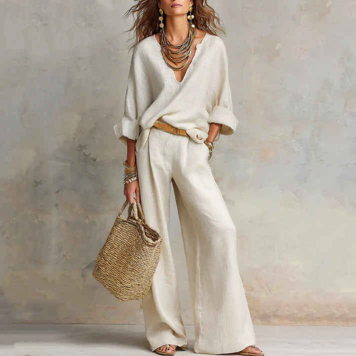 Ilaina - V-neck Top And Wide Leg Trousers Set