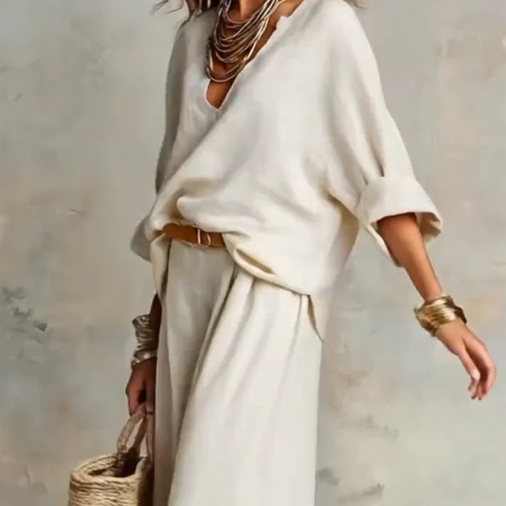 Ilaina - V-neck Top And Wide Leg Trousers Set