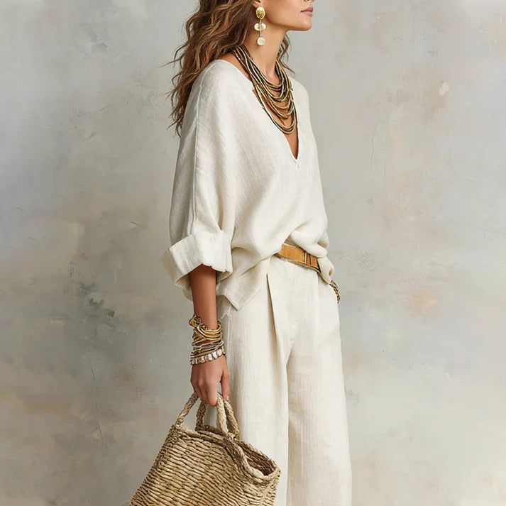 Ilaina - V-neck Top And Wide Leg Trousers Set