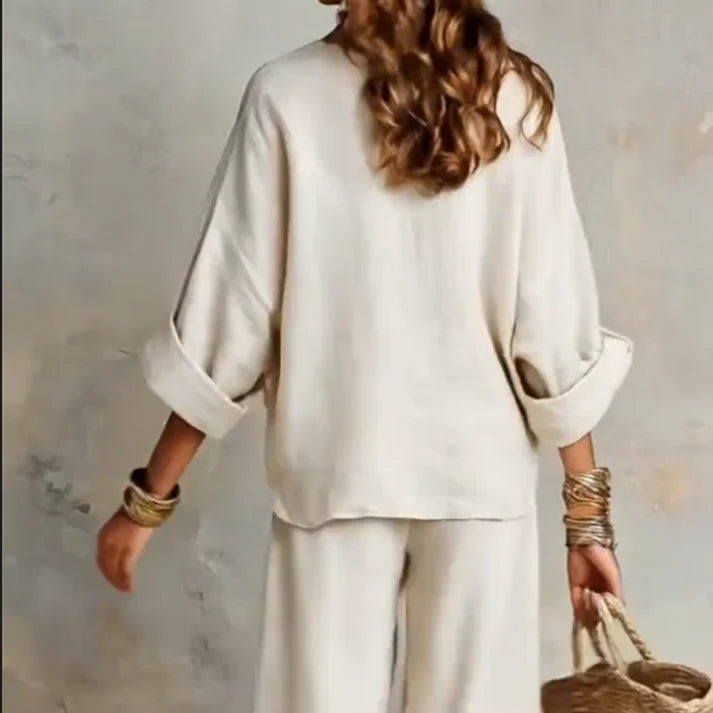 Ilaina - V-neck Top And Wide Leg Trousers Set