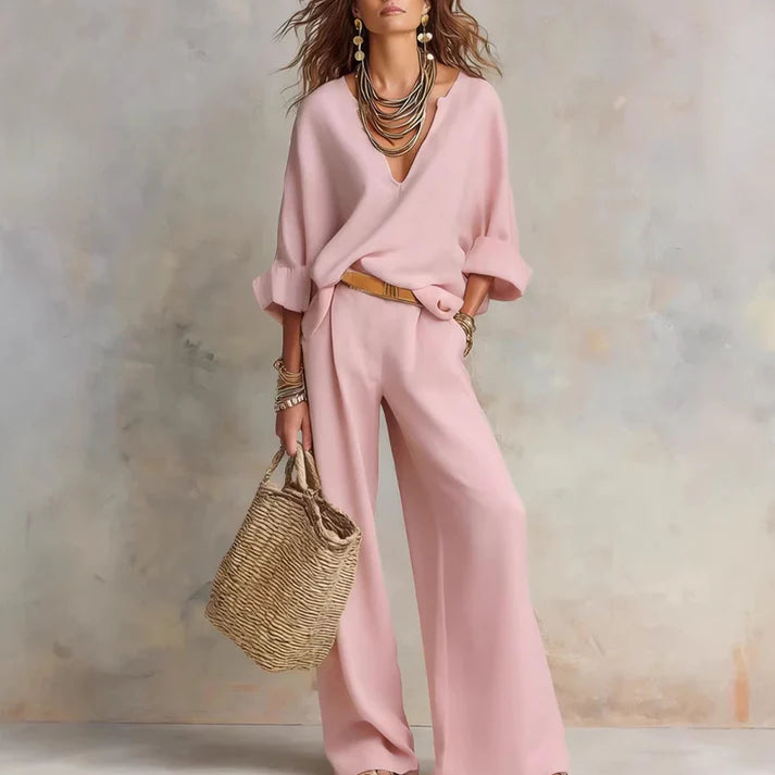 Ilaina - V-neck Top And Wide Leg Trousers Set