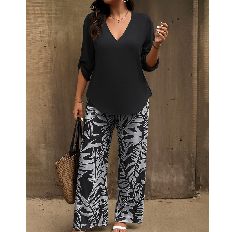 Liwia - Elegant Summer Set With a V-neck Blouse and Printed Trousers