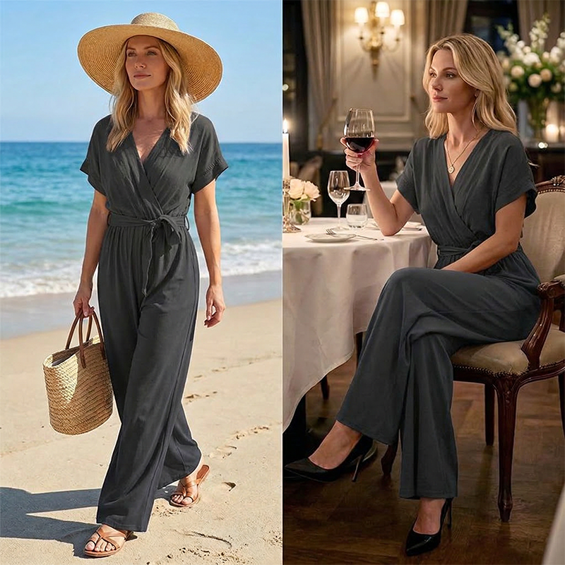 Meryem - Casual V-Neck Tie Waist Wide Leg Jumpsuit