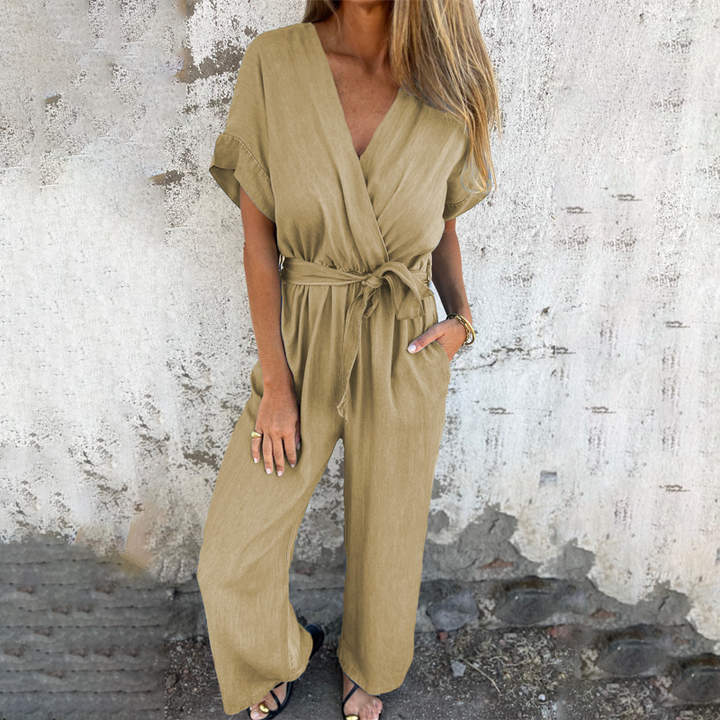 Meryem - Casual V-Neck Tie Waist Wide Leg Jumpsuit