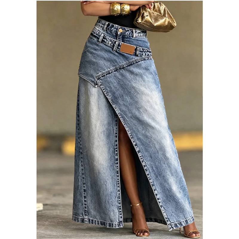 Iliza - Asymmetric Layered Denim Skirt With Slit