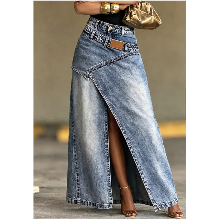 Iliza - Asymmetric Layered Denim Skirt With Slit