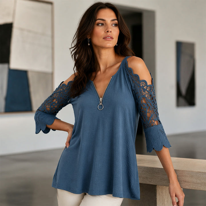 Palchuk - Elegant Lace Blouse With Open Shoulder