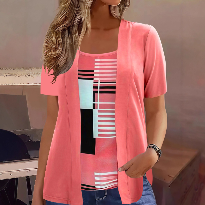 Melisande - Short Sleeve Layered T-shirt With Geometric Print