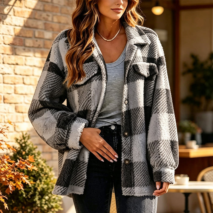 Jovine - Cozy Checked Jacket With Button