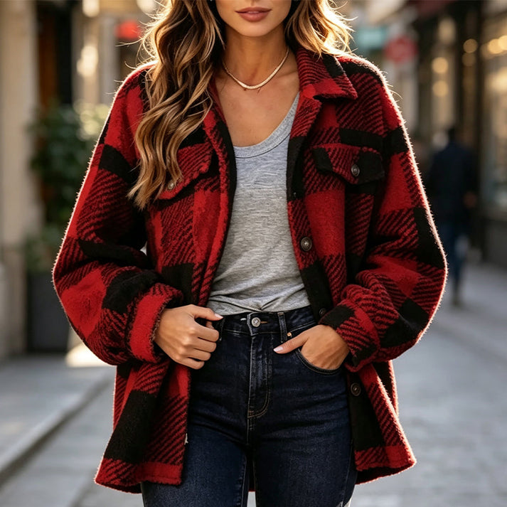 Jovine - Cozy Checked Jacket With Button