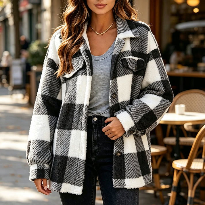 Jovine - Cozy Checked Jacket With Button