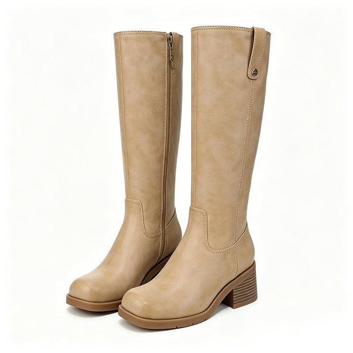 Mileenna - Knee-High Side Zipper Block Heel Boot
