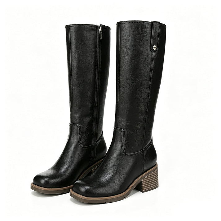 Mileenna - Knee-High Side Zipper Block Heel Boot