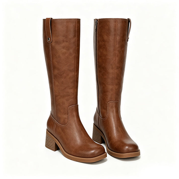 Mileenna - Knee-High Side Zipper Block Heel Boot