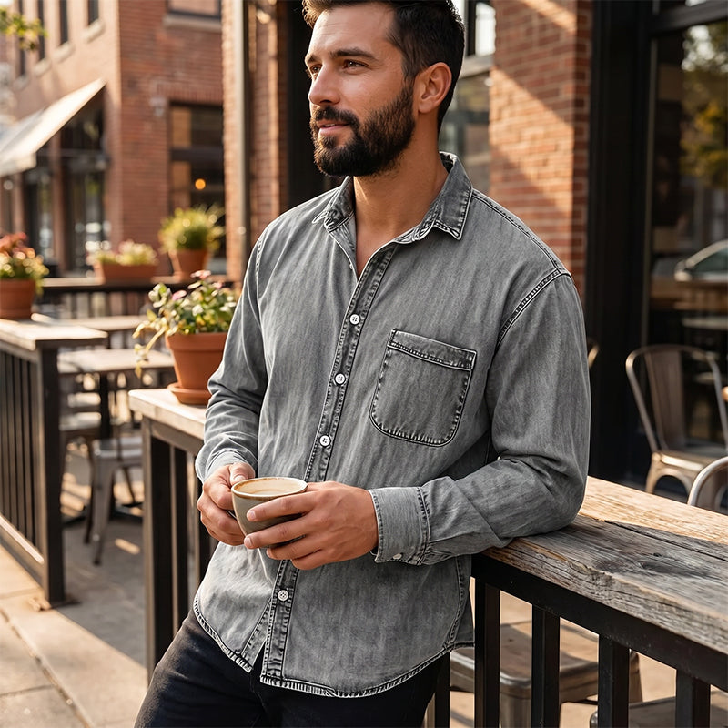 Theoius - Long Sleeve Denim Button-Up Shirt