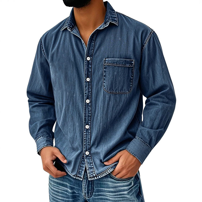 Theoius - Long Sleeve Denim Button-Up Shirt