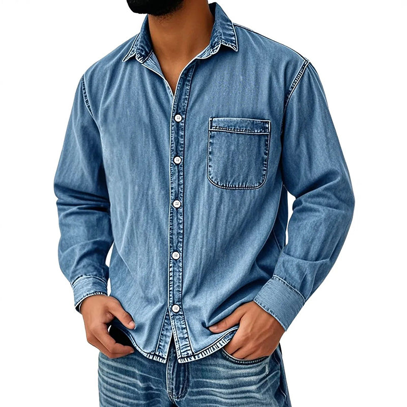 Theoius - Long Sleeve Denim Button-Up Shirt