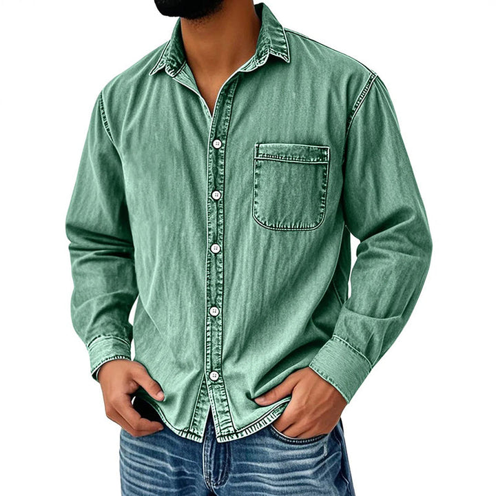 Theoius - Long Sleeve Denim Button-Up Shirt