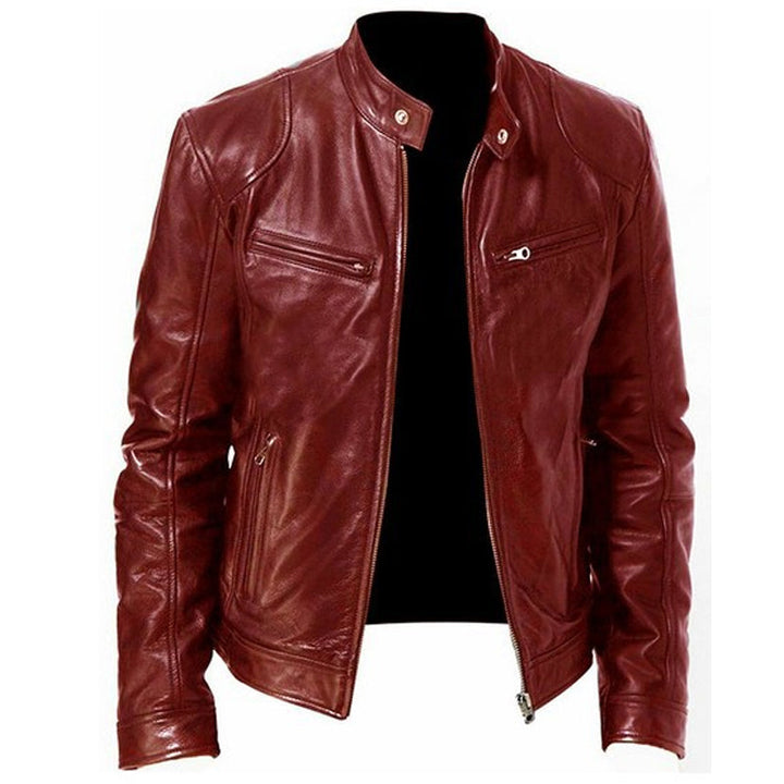 Dimitwin - Stand Collar Zip Up Leather Jacket