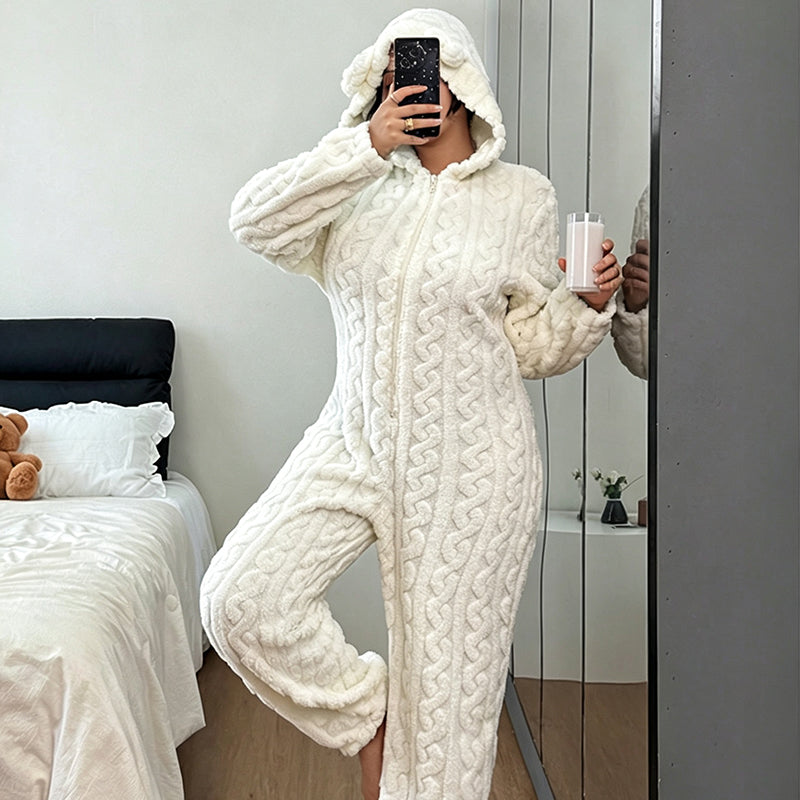 Quenalica - Cable Knit Warmth Hooded Jumpsuit