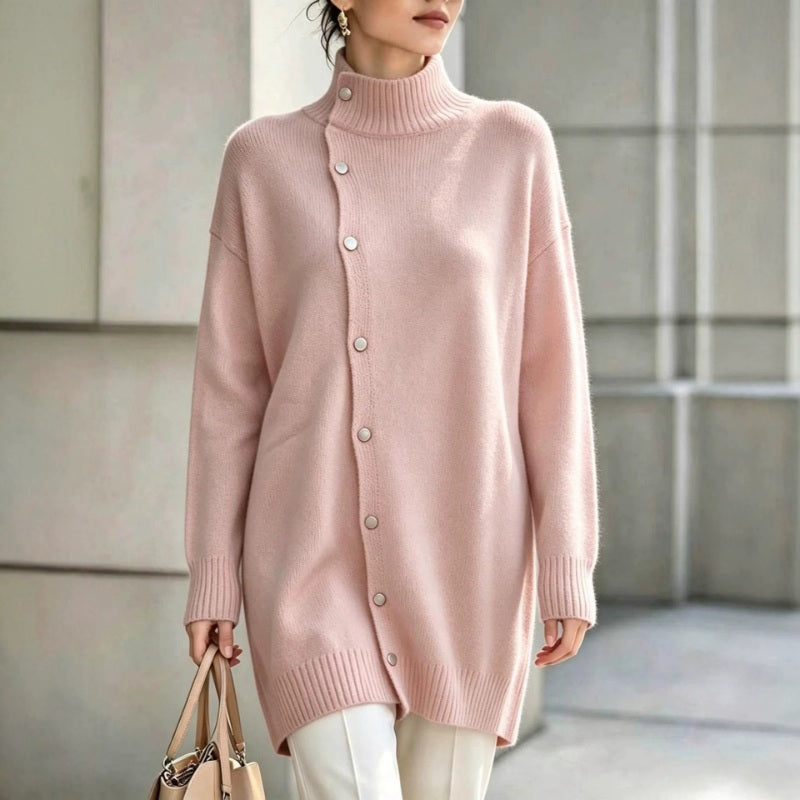 Renette - Longline Knit Sweater With Turtleneck and Buttons