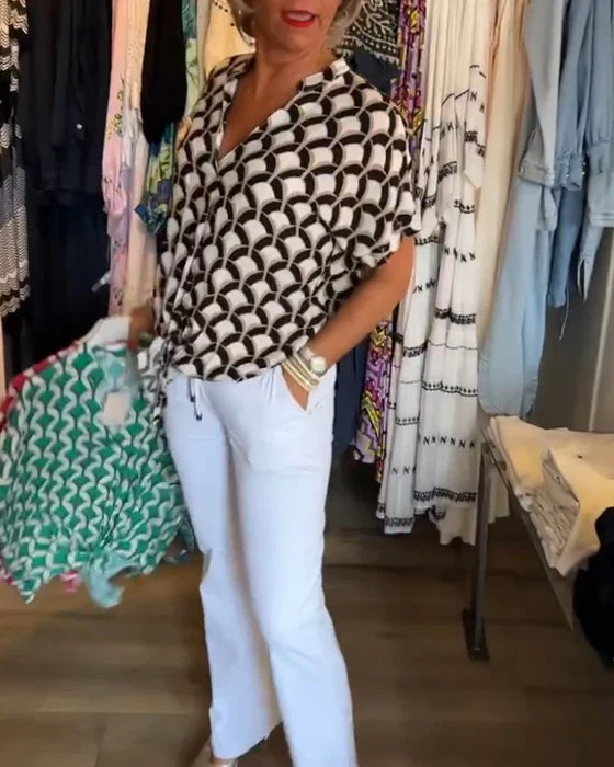 Emilya - Casual V Neck Top With Print