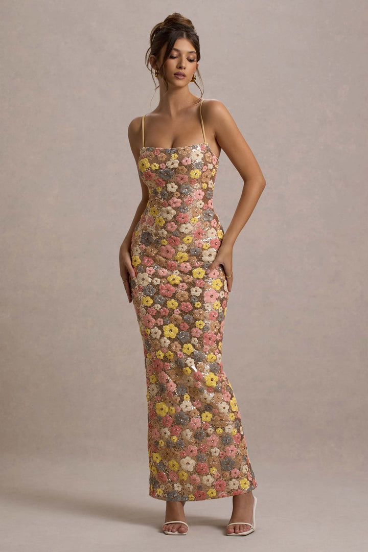 Lolita - Floral Sequin Spaghetti Strap Maxi Dress