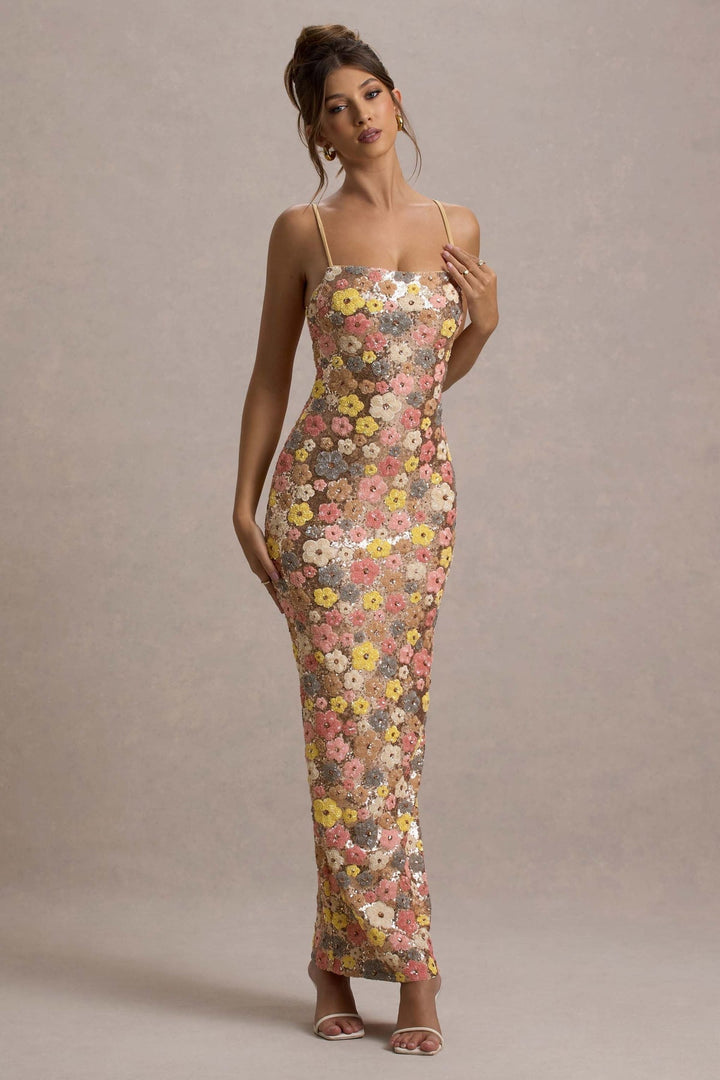 Lolita - Floral Sequin Spaghetti Strap Maxi Dress