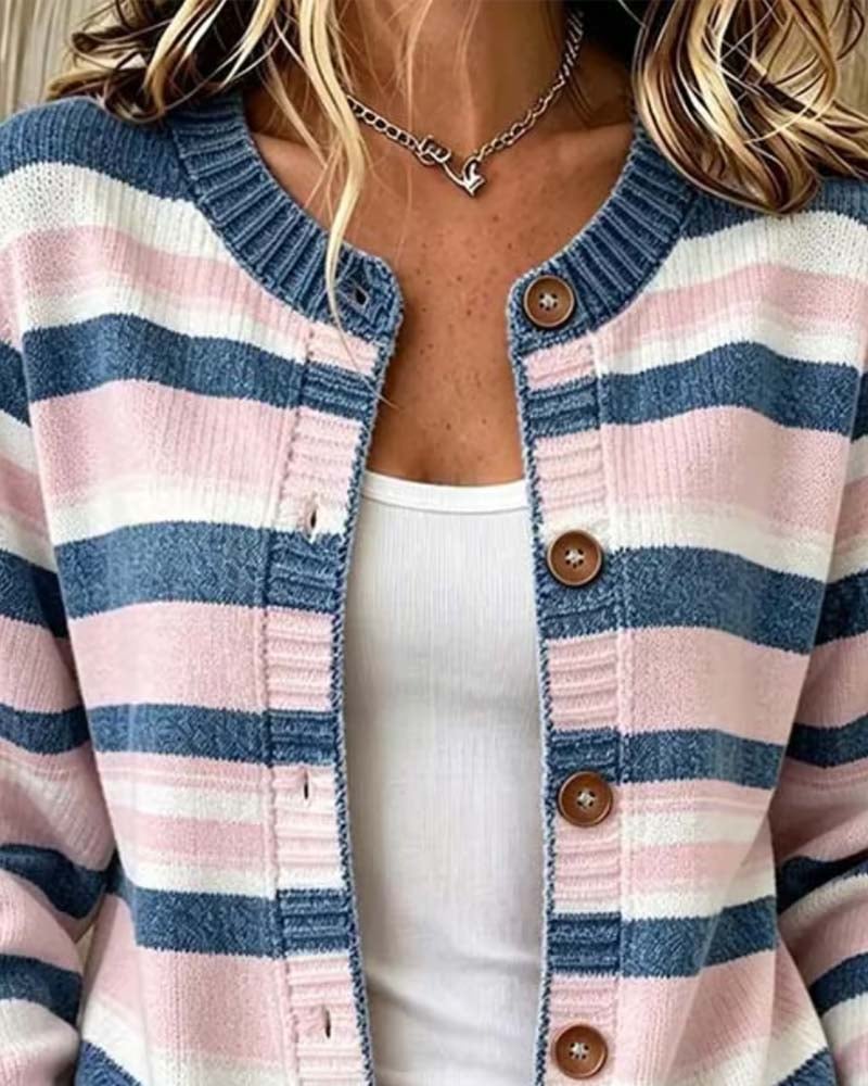 Anneetina - Striped Crew Neck Single Breasted Cardigan