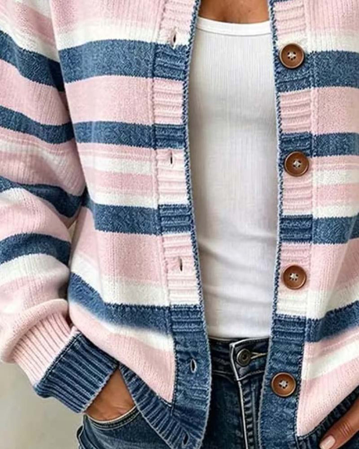 Anneetina - Striped Crew Neck Single Breasted Cardigan