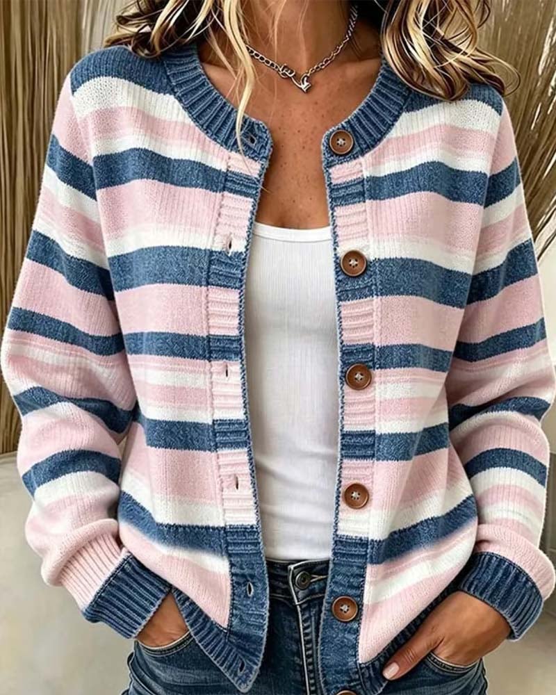 Anneetina - Striped Crew Neck Single Breasted Cardigan