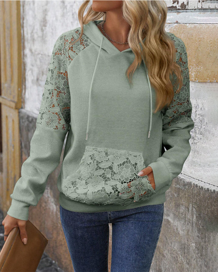 Laessa - Floral Laced Hoodie With Front Pocket
